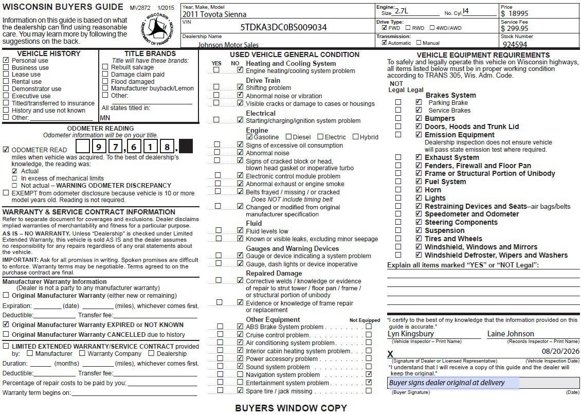 2011 Toyota Sienna 5dr 7-Pass Van I4 FWD (Natl)